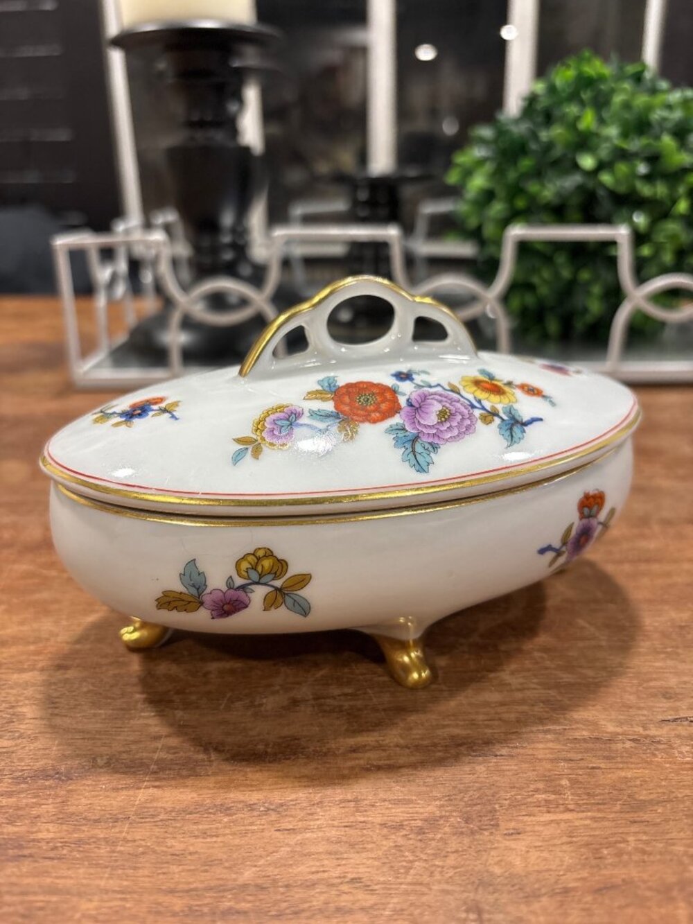 Vintage Floral Porcelain Trinket Box Gold Handle & Legs Oval Lidded Jewelry Dish